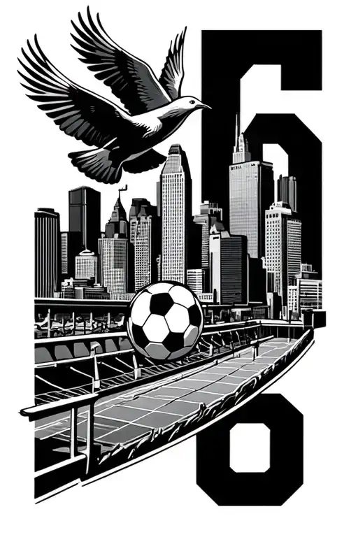 Chicago Skyline With Two Doves Flying With Soccer Idea And Number 6 On Mens Forearm