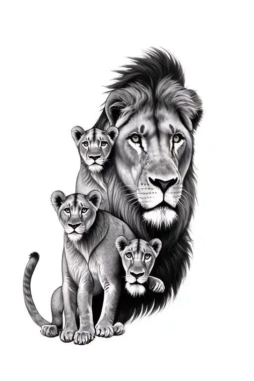 A Full Sleeve Tattoo Design For A Father Who Has 4 Children Represented By Lion And Cubs