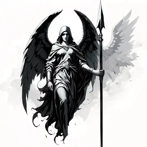 Descending Cloaked And Amoured Angel With Spear