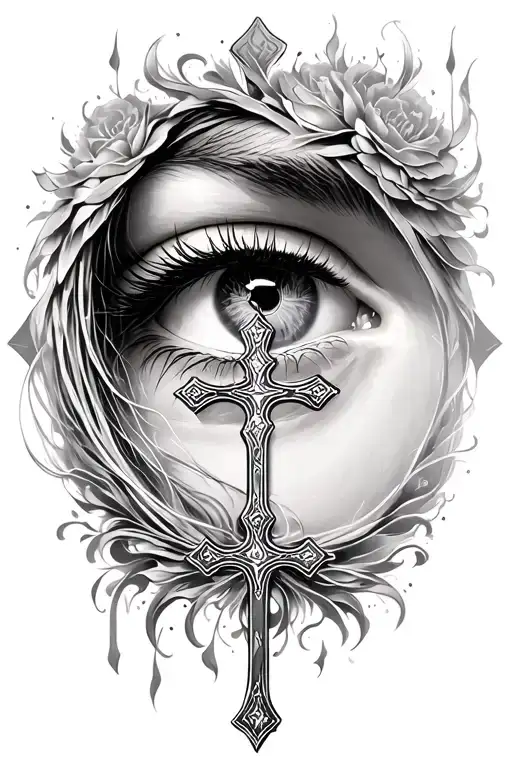Detailed Female Eye Surrounded By Christian Cross Made