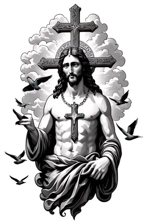 Cross Necklace Around Jesus And Birds Flying Around The Clouds Surrounding Him