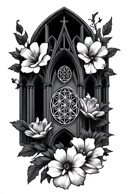 Gothic Cathedral With Flowers Wrapping Around Arm With Flower Of Life Design Filler