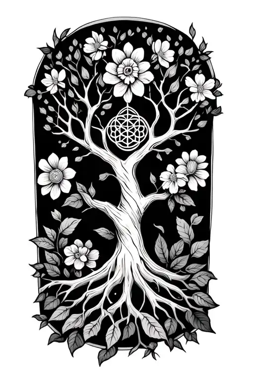 Spiritual Tree Of Life With Flowers Wrapping Around Arm With Flower Of Life Design Filler