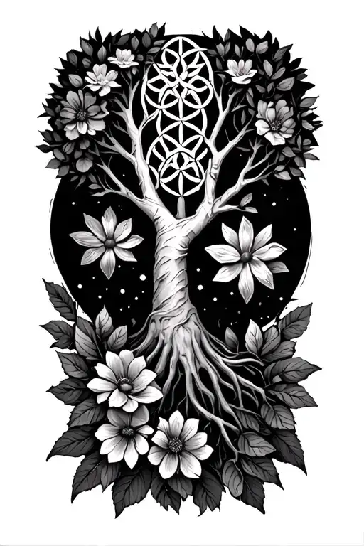 Spiritual Tree Of Life With Flowers Wrapping Around Arm With Flower Of Life Design