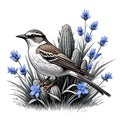 Mockingbird On Prickly Pear Cactus Surrounded By Bluebonnet And Texas Grass