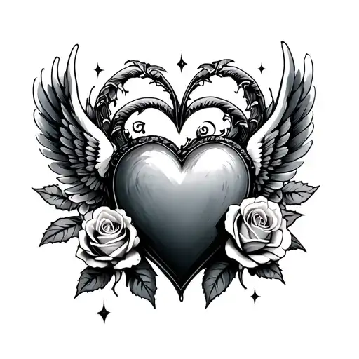 Heart With Wings Flying And Three Roses