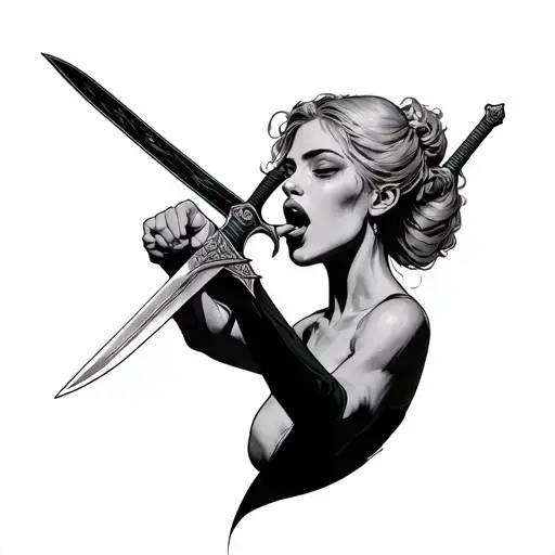 A Woman Swallowing A Sword While Holding It By The Grip