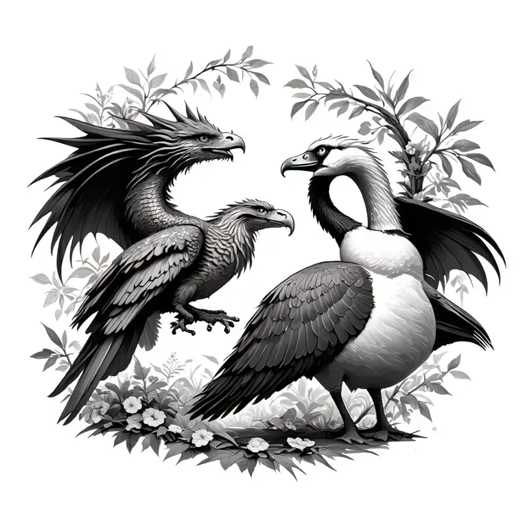 Dragon Eagle And Goose In A Garden