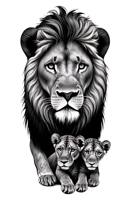 Male Lion With Cubs Surrounded