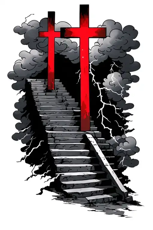 Three Red Crosses Vertical With Stairs Leading To Heaven And Clouds With Lightning
