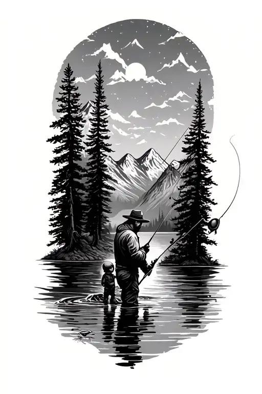 Man And Child Fishing Scene Mountains Filled With Trees
