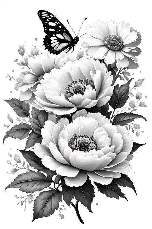 Peony And Cosmos Flowers Together With A Butterfly