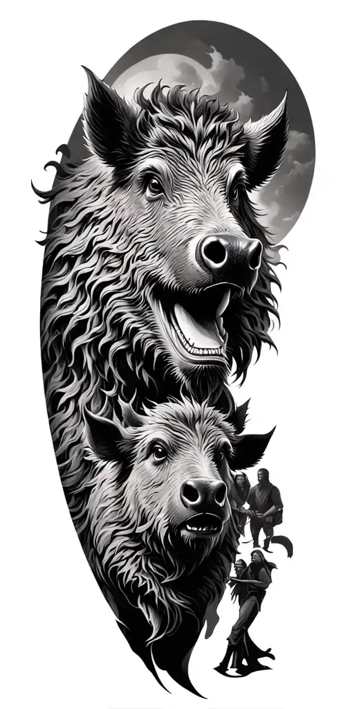 Full Sleeve Tattoo Featuring A Prehistoric Boar And Hunters In Celtic Art Style