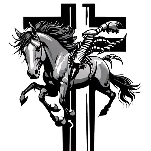 Horse Running Alongside Cross With Scorpion Crawling