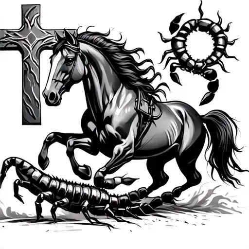 Horse Running Alongside Cross With Scorpion Crawling