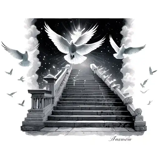 Stairway To Heaven With Doves Flying And Lights