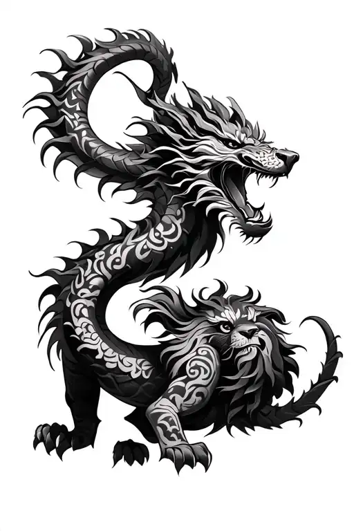 Dragon Wrapped Around A Lion With Maori Tattoo Design