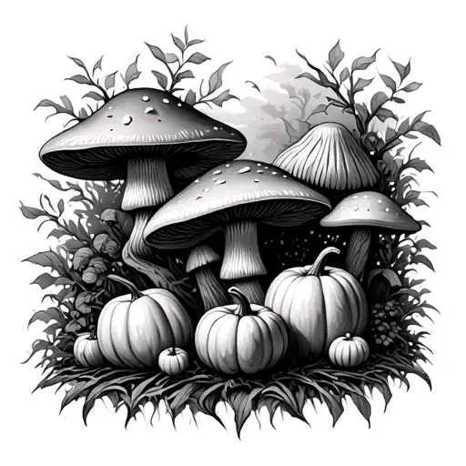 Mushroom Forest With Pumpkins And Vines