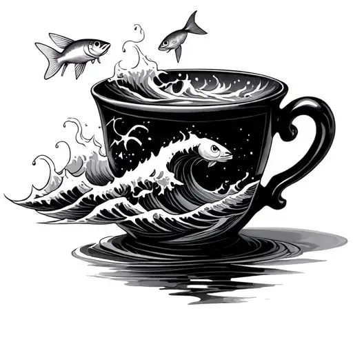 Old Coffee Cup With Waves And Fish Jumping Out Of It
