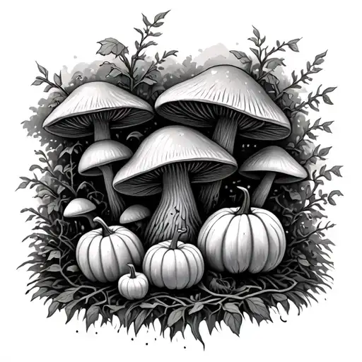 Mushroom Forest With Pumpkins And Vines