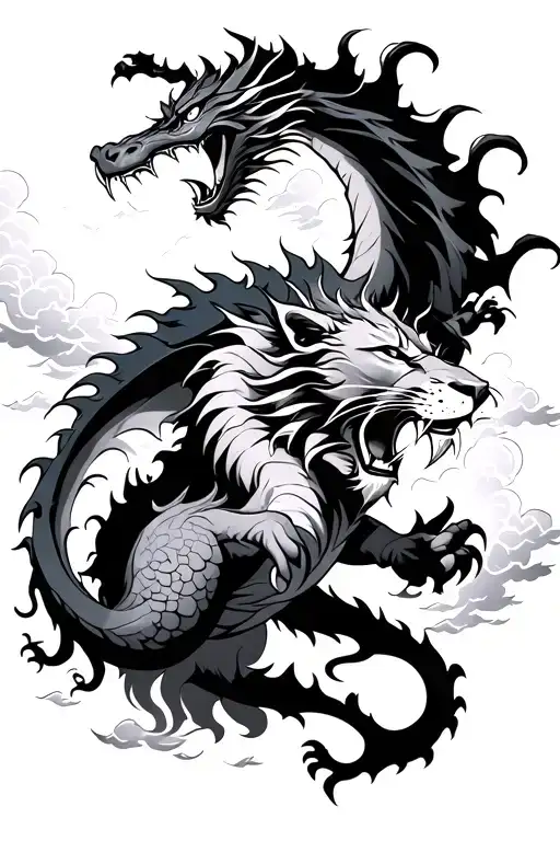 Dragon Fighting A Lion With Clouds And Lightning Surrounding