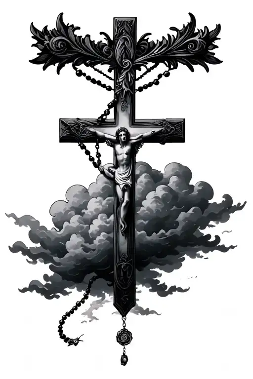 Cross That's Shaded Behind Clouds With A Rosary In The Middle