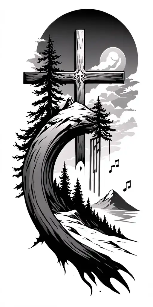 Christian Cross With Trees And Mountain And Music