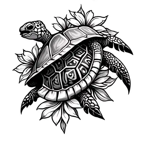 Half Sleeve Tribal With Turtle And Flowers Wrapped