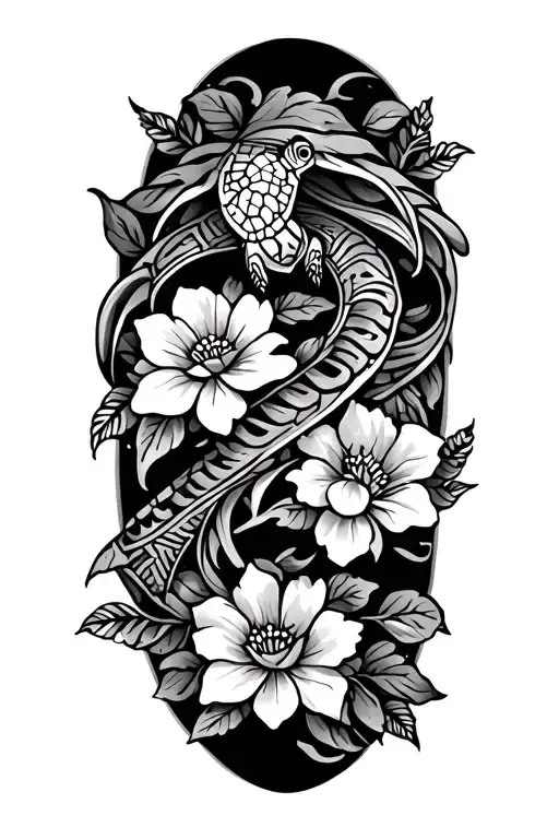 Half Sleeve Tribal With Turtle And Flowers Wrapped