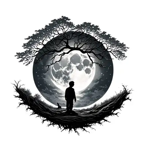 Willow Tree With Lost Boy Below And Large Moon In Sky