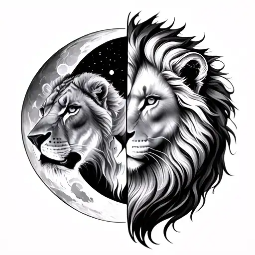 Couple Tattoo Design Moon Phases Down The Middle One Half A Lion Head And The Other Half A Lioness