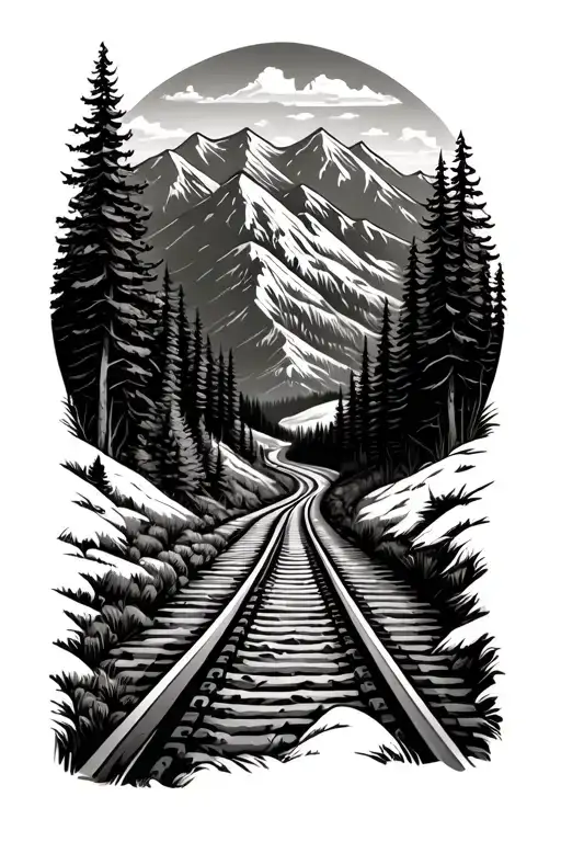 Rail Road Winding Into Mountains Filled With Trees