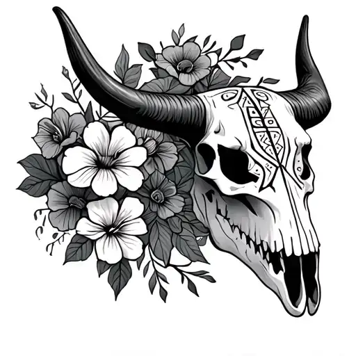 Longhorn Skull With Aztec Pattern And August Birthflowers