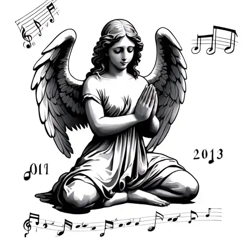 Angel On Knees Praying With Music Note And Date