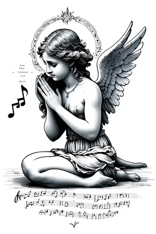 Angel On Knees Praying With Music Note And Date