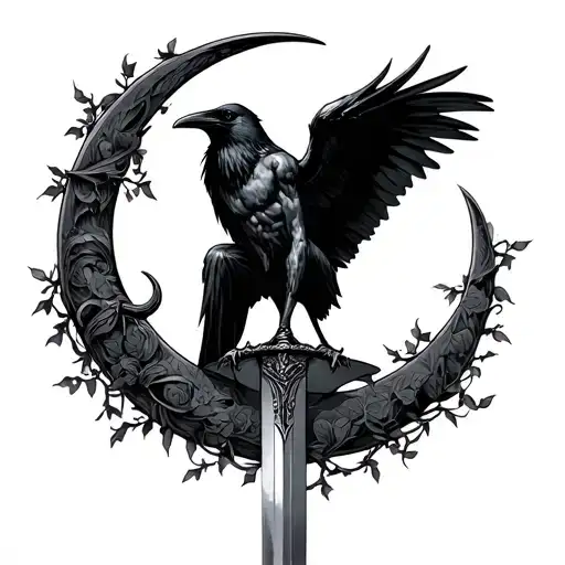 Raven Sitting On Sword With Crescent Vine