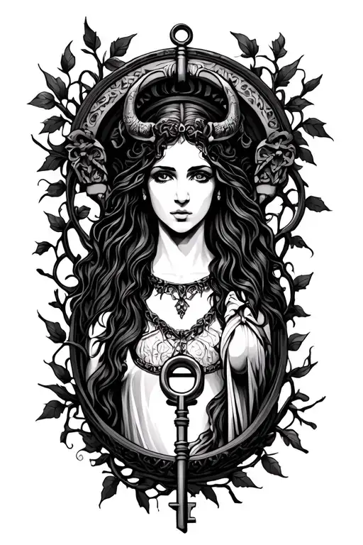 Goddess Hecate With Key And Lock With Vines Symbolizing Protection