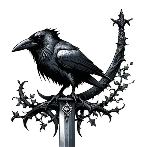 Raven Sitting On Sword With Crescent Vine