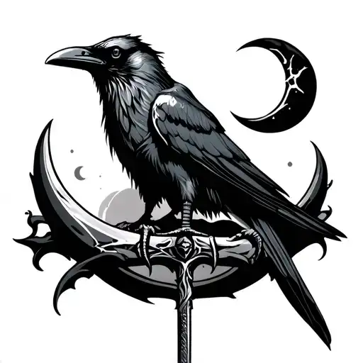 Raven Sitting On Sword With Small Crescent Moon Surrounded