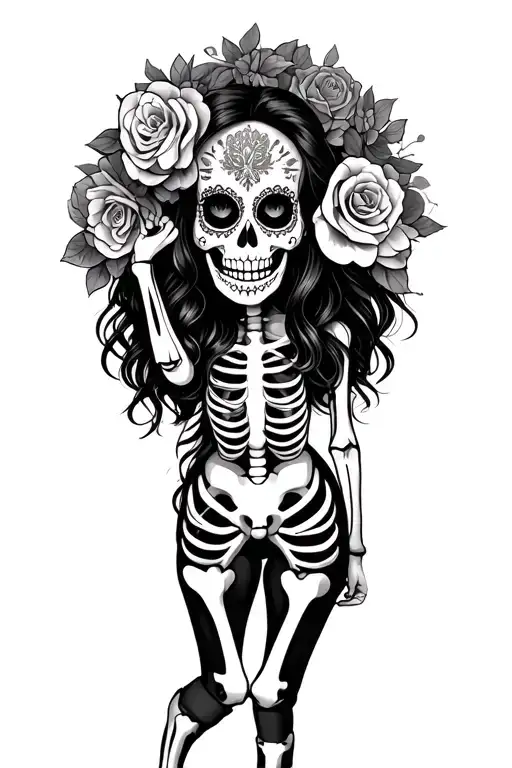 Full Body Skeleton Sugar Skull Pin-up Girl Dressed