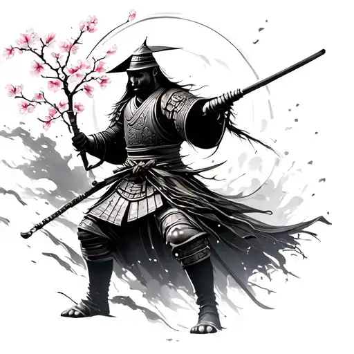Cherry Blossom Falling On Samurai Warrior