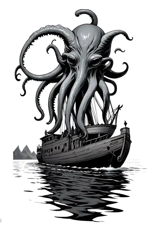 Chthulu Overtowering A Boat Floating