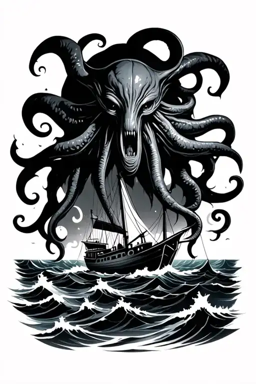 Chthulu Stood Rising In The Ocean Over Towering A Small Boat Floating At Sea