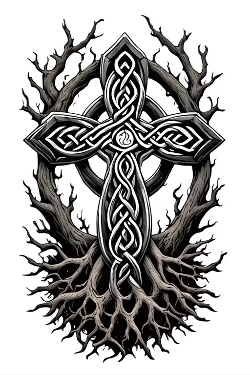 Celtic Cross Surrounded By Celtic Knot Made Of Roots Fading Into Earthy Background With Natural Look