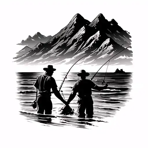 Dad And Son Fishing Off The Beach With Moutains On Ur Shoulder Down To Ur Wrist