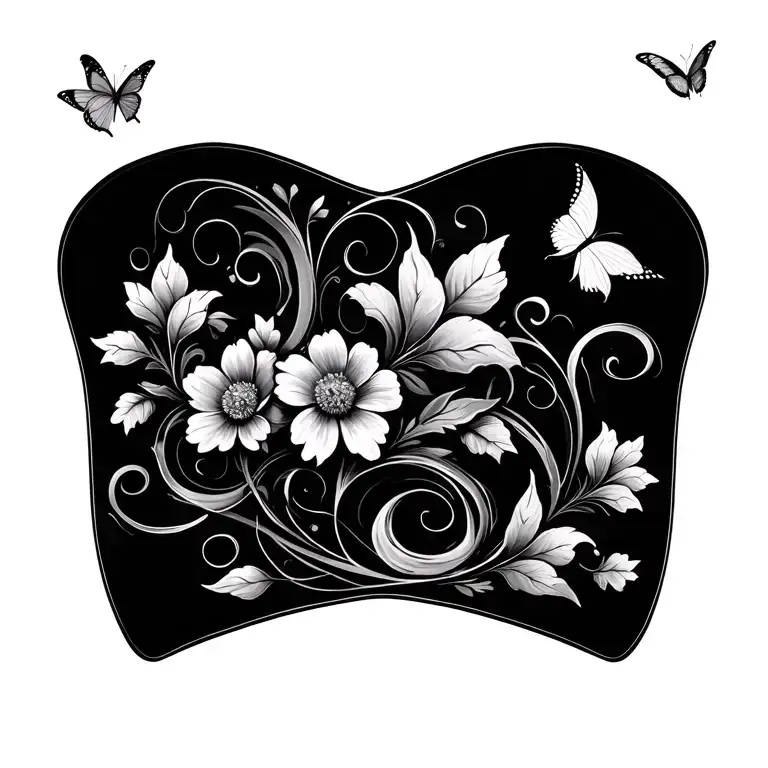 Swirling Pattern With Flowers And Butterflies Flying To Cover Breast Implant Scars