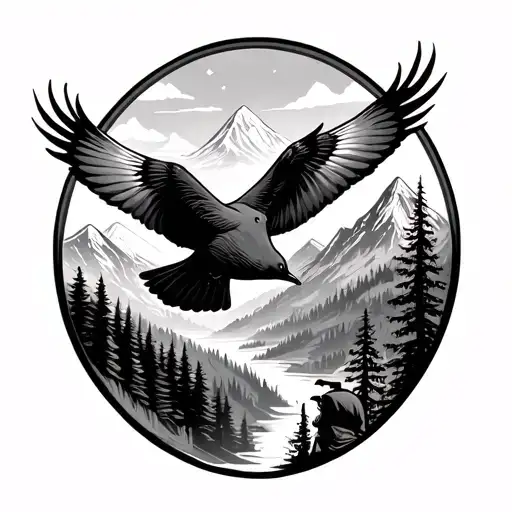 Birds Flying Through Mountains And Forest With A Silhouette Of A Man Shooting Them