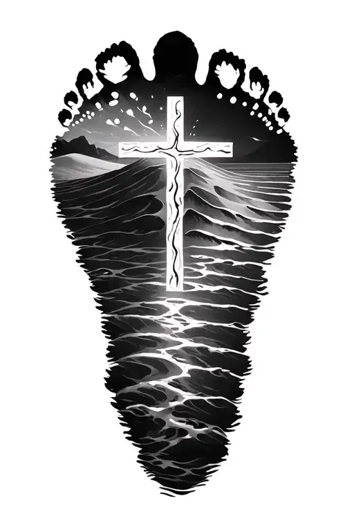 Footprints In The Sand Dune Combined With Cross Surrounded By Water