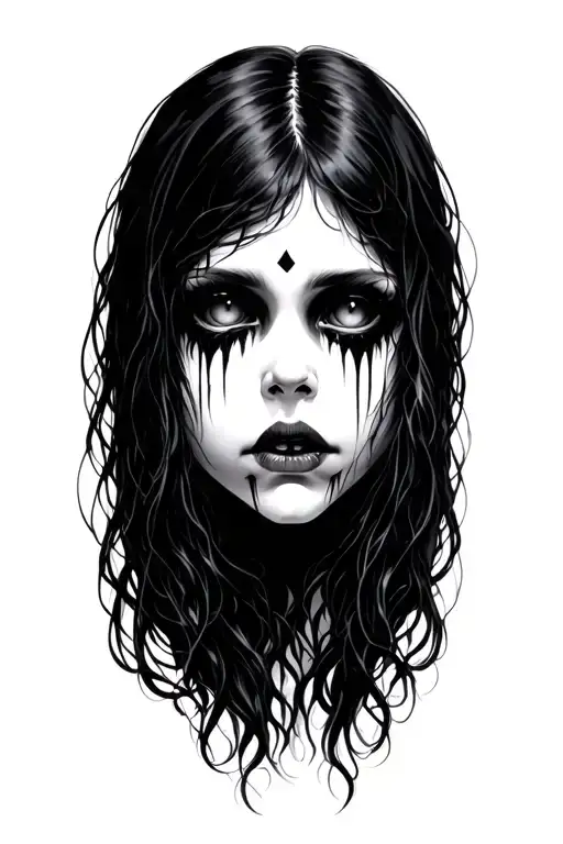 Possessed Girl Face With Empty Eyes Mesmerized With Long Black Shimmering Hair