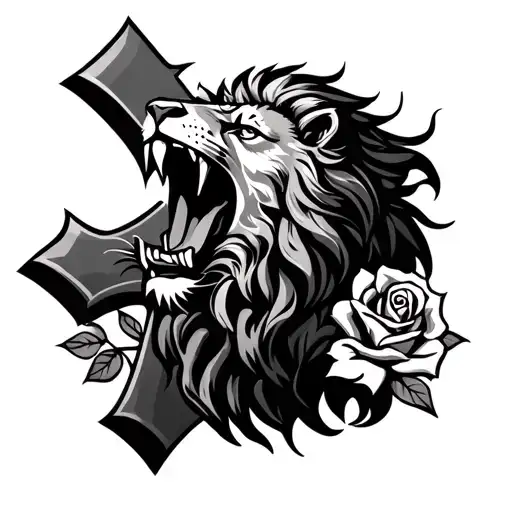Lion Roaring With Cross And Rose
